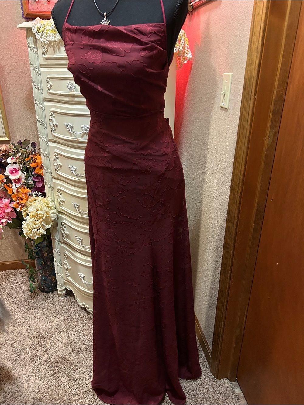 Burgundy Open Back Prom Gown